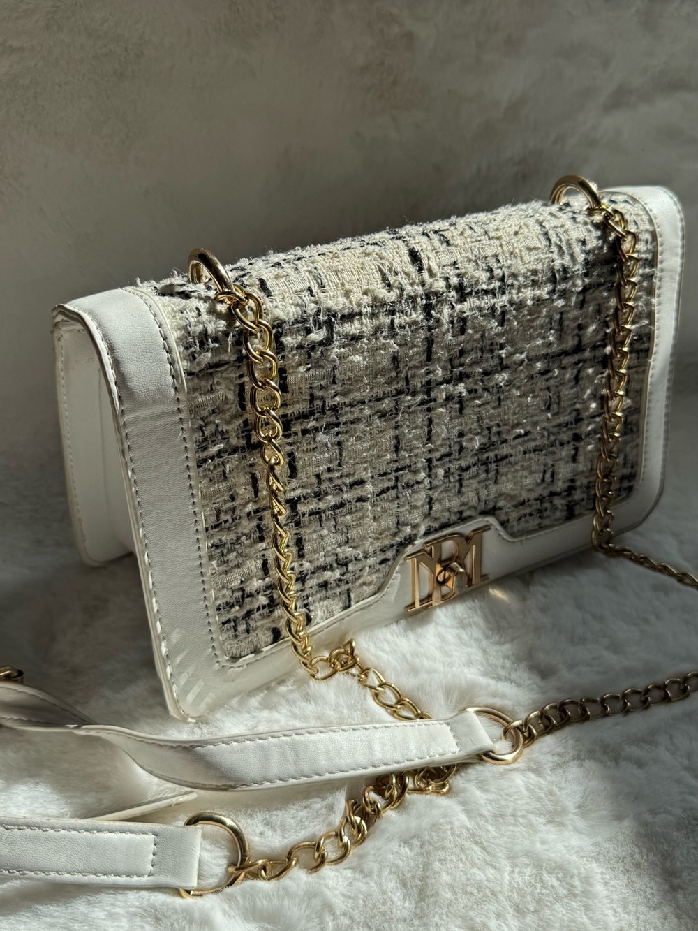 Badgley Mischka White Tweed Crossbody with Gold Chain